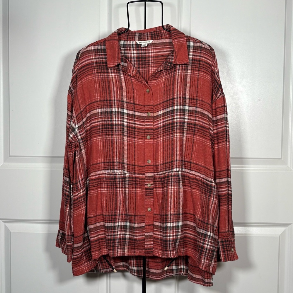 American Eagle Plaid Peplum Button Down Shirt